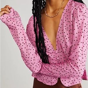 NWT! Free People Maye Printed Top Polka Dot Pretty Pink Combo Size XL
